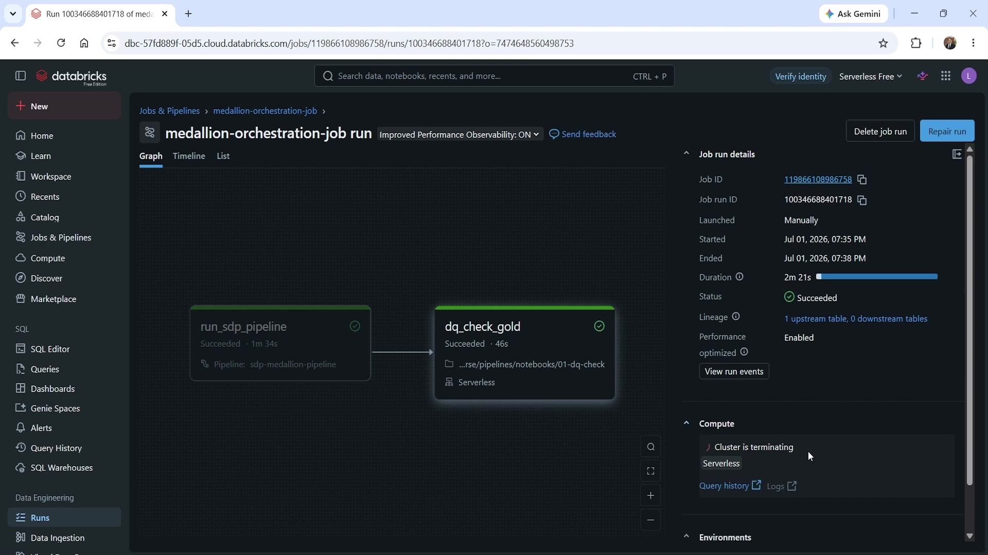 Job run — both tasks succeeded