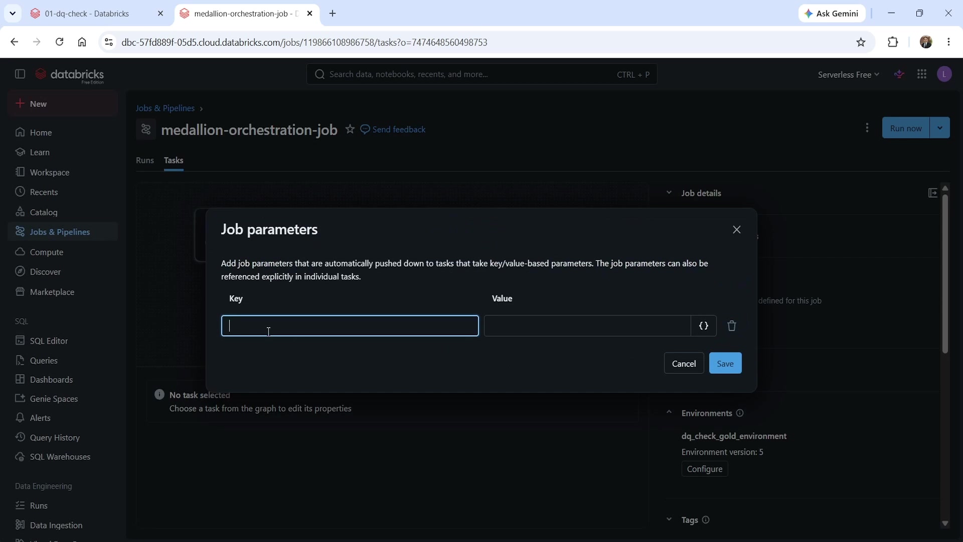 Job parameters dialog