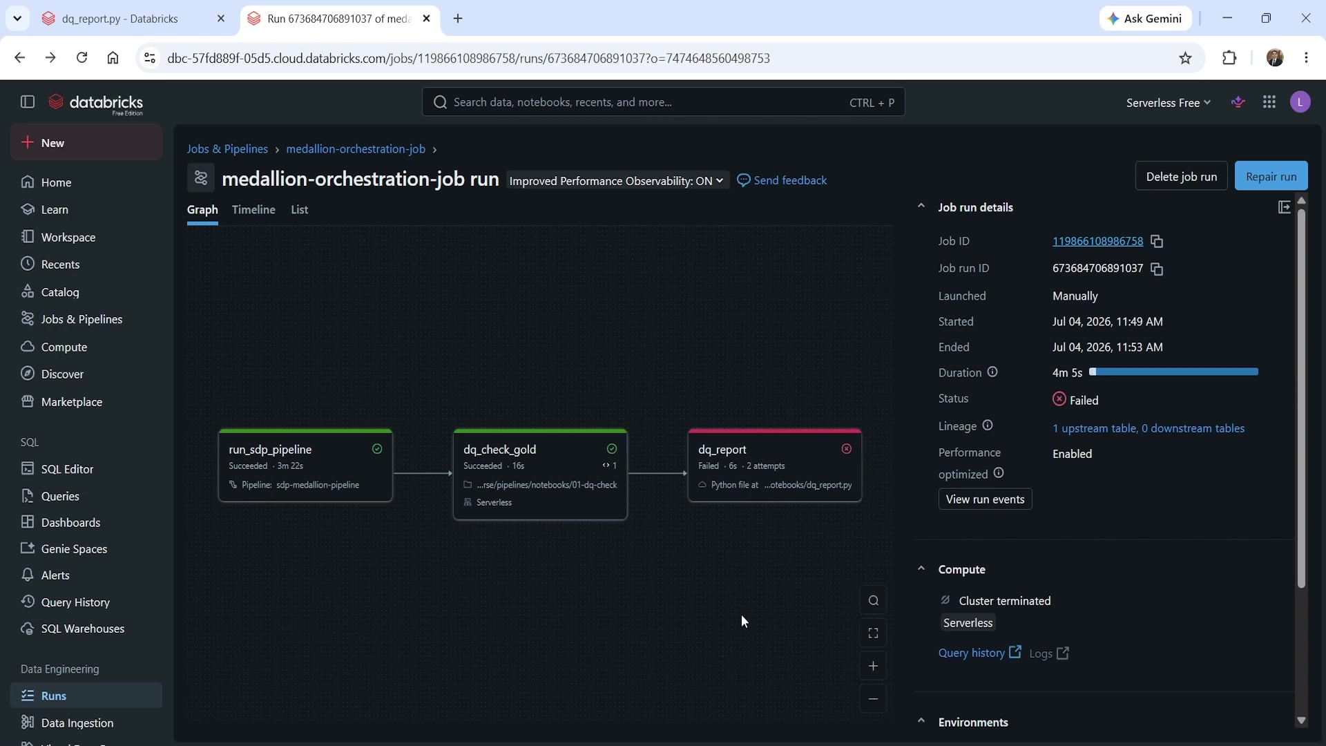Three-task job — dq_report failed