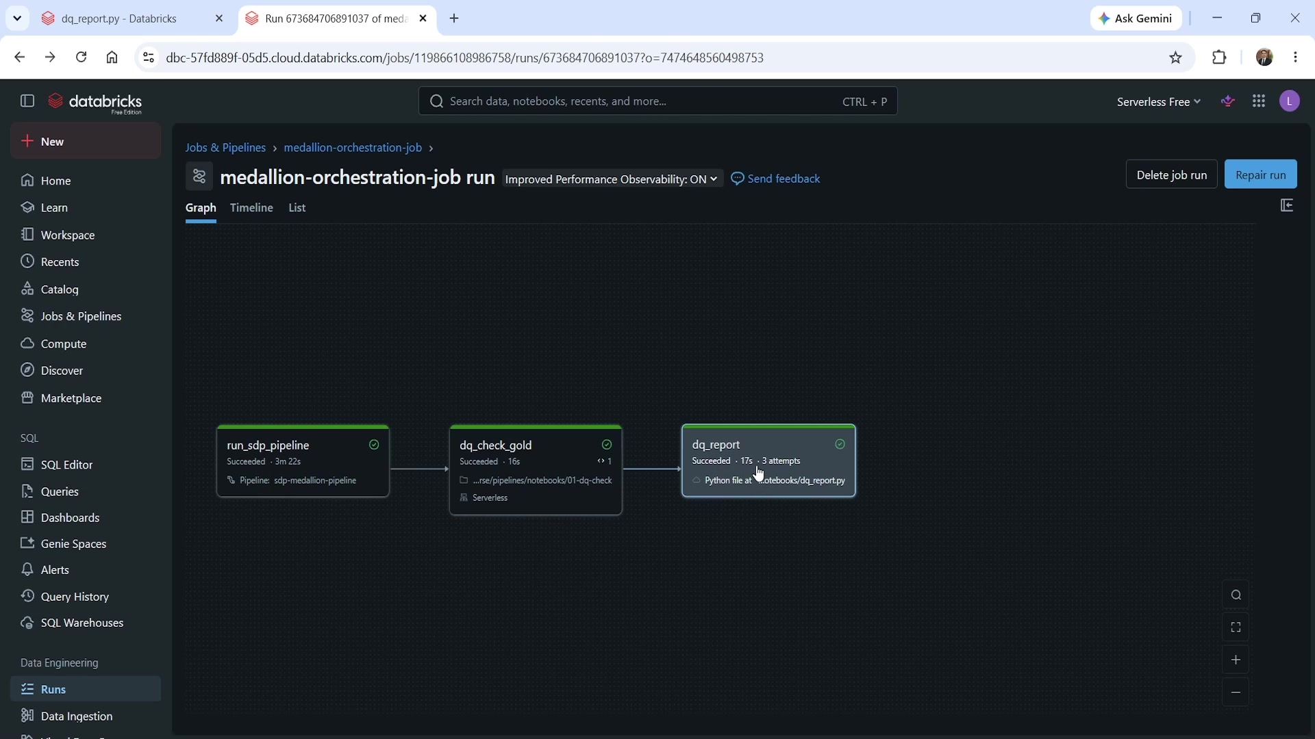 Three-task job succeeded after repair — only dq_report was rerun