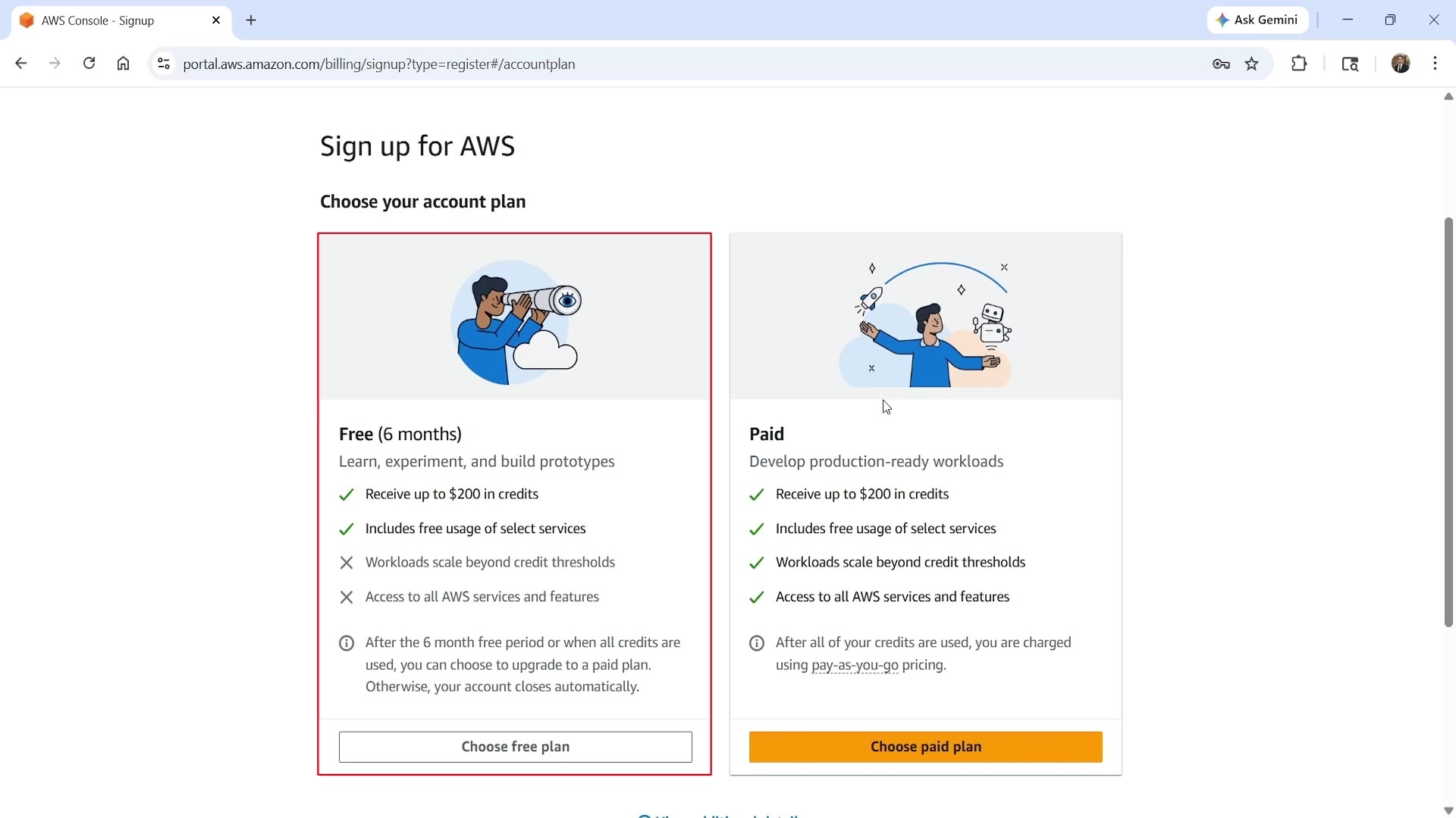 AWS account plan selection
