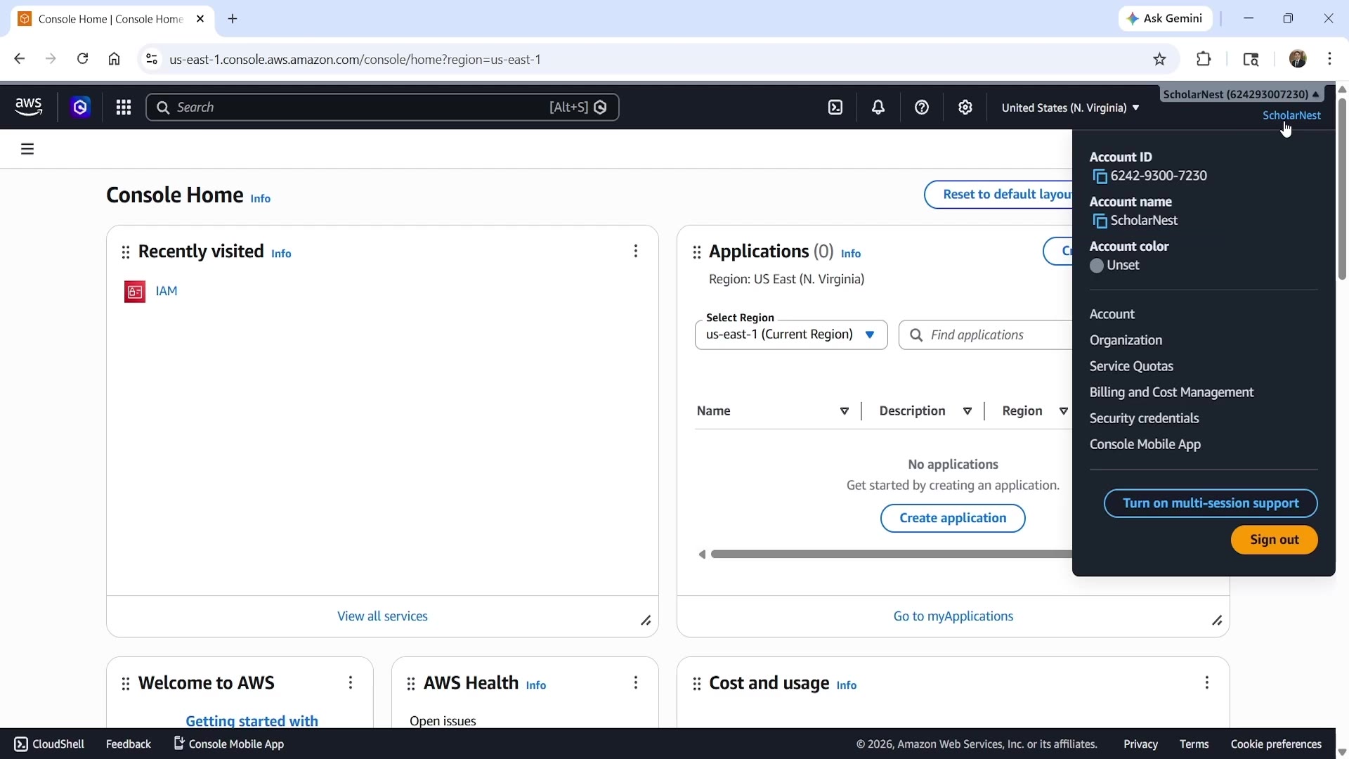 AWS Console — region selector and account menu