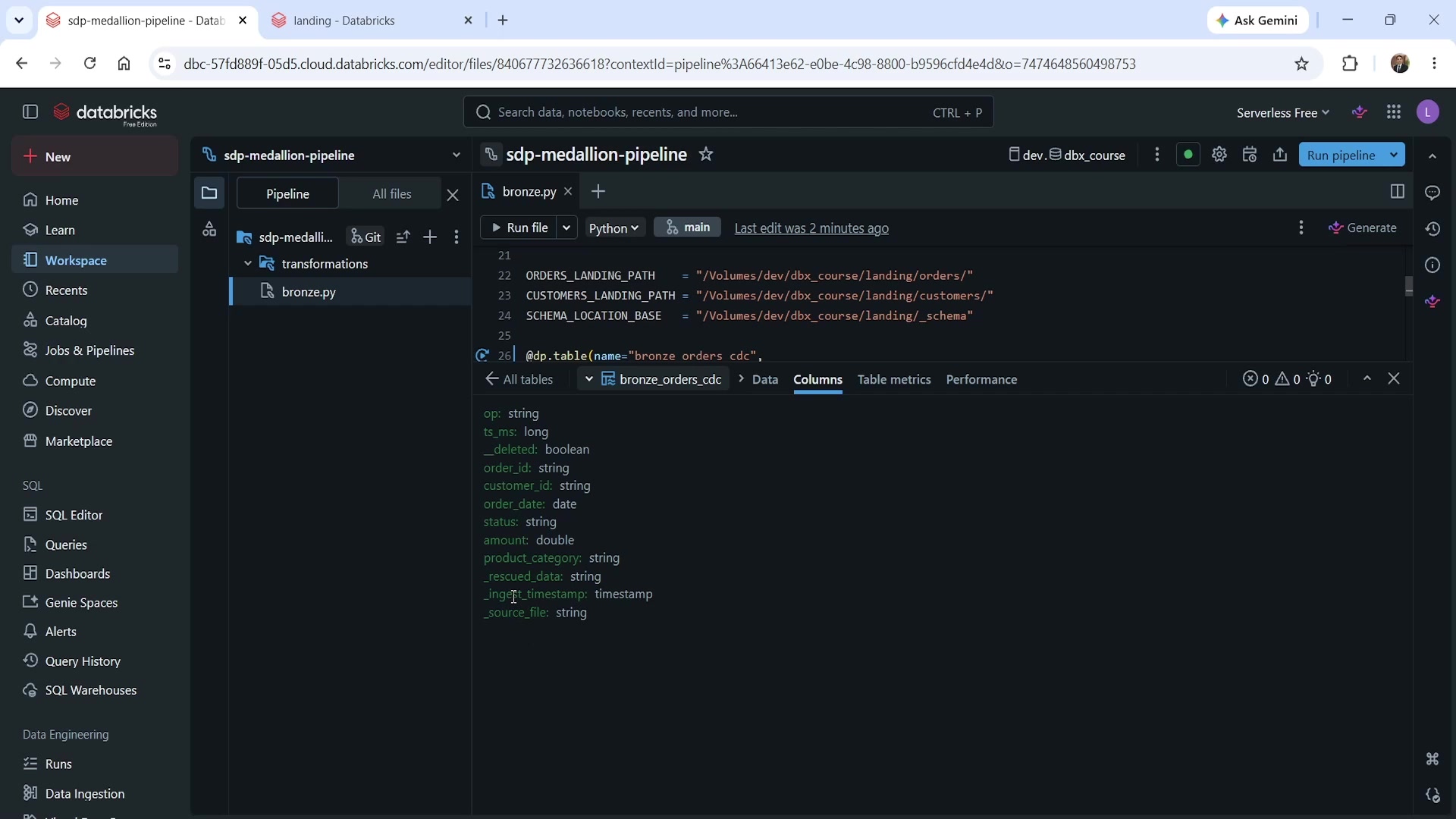 Resolved schema of bronze_orders_cdc