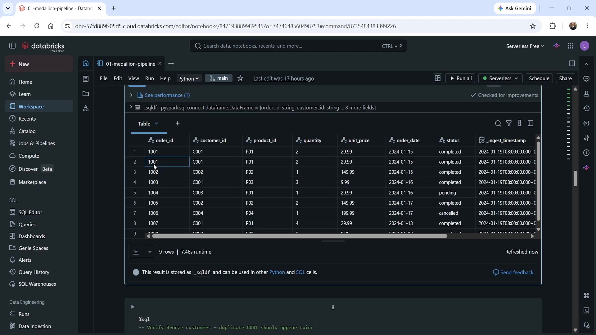 Bronze orders table — order 1001 appears twice