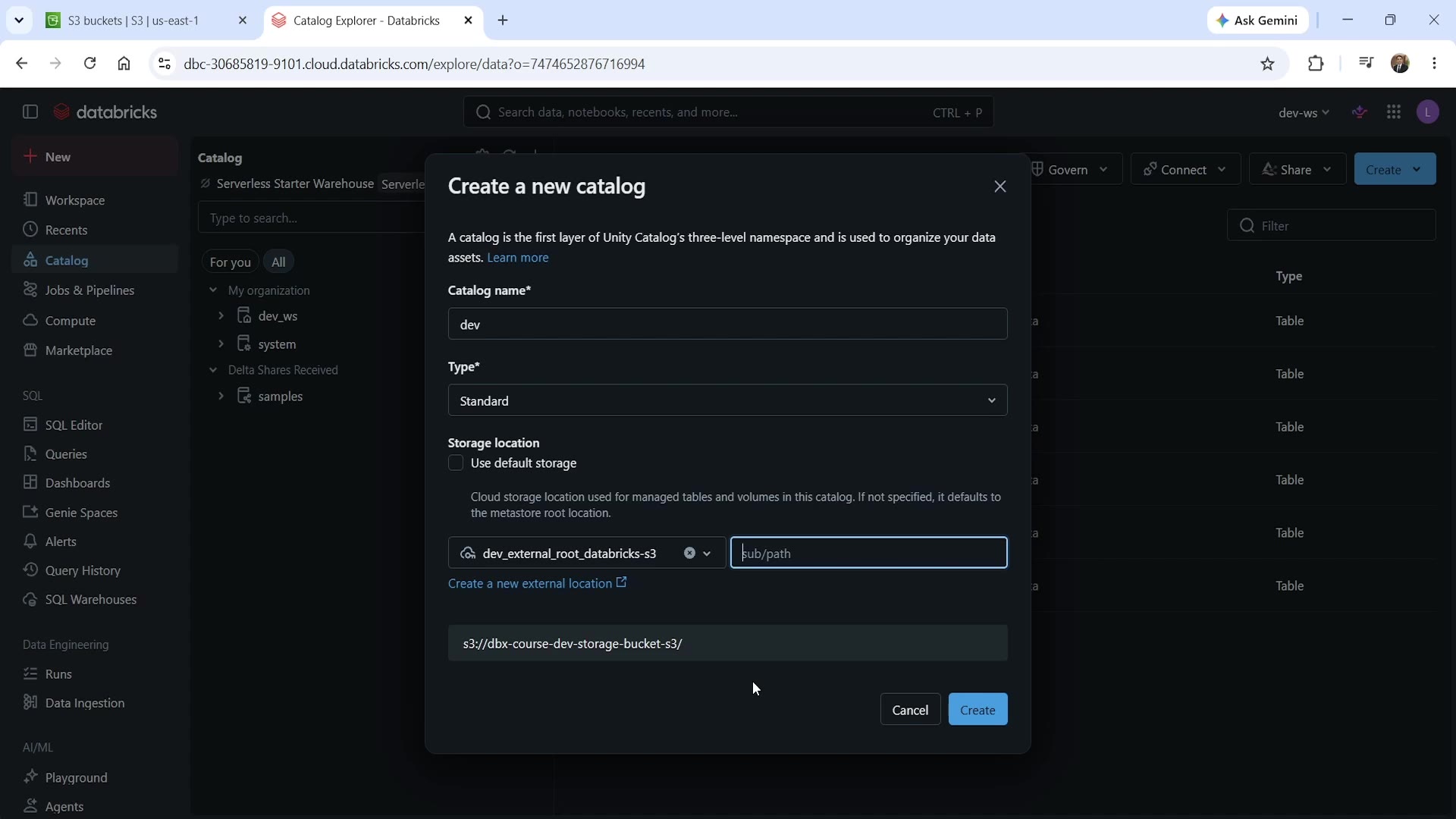 Create a new catalog dialog