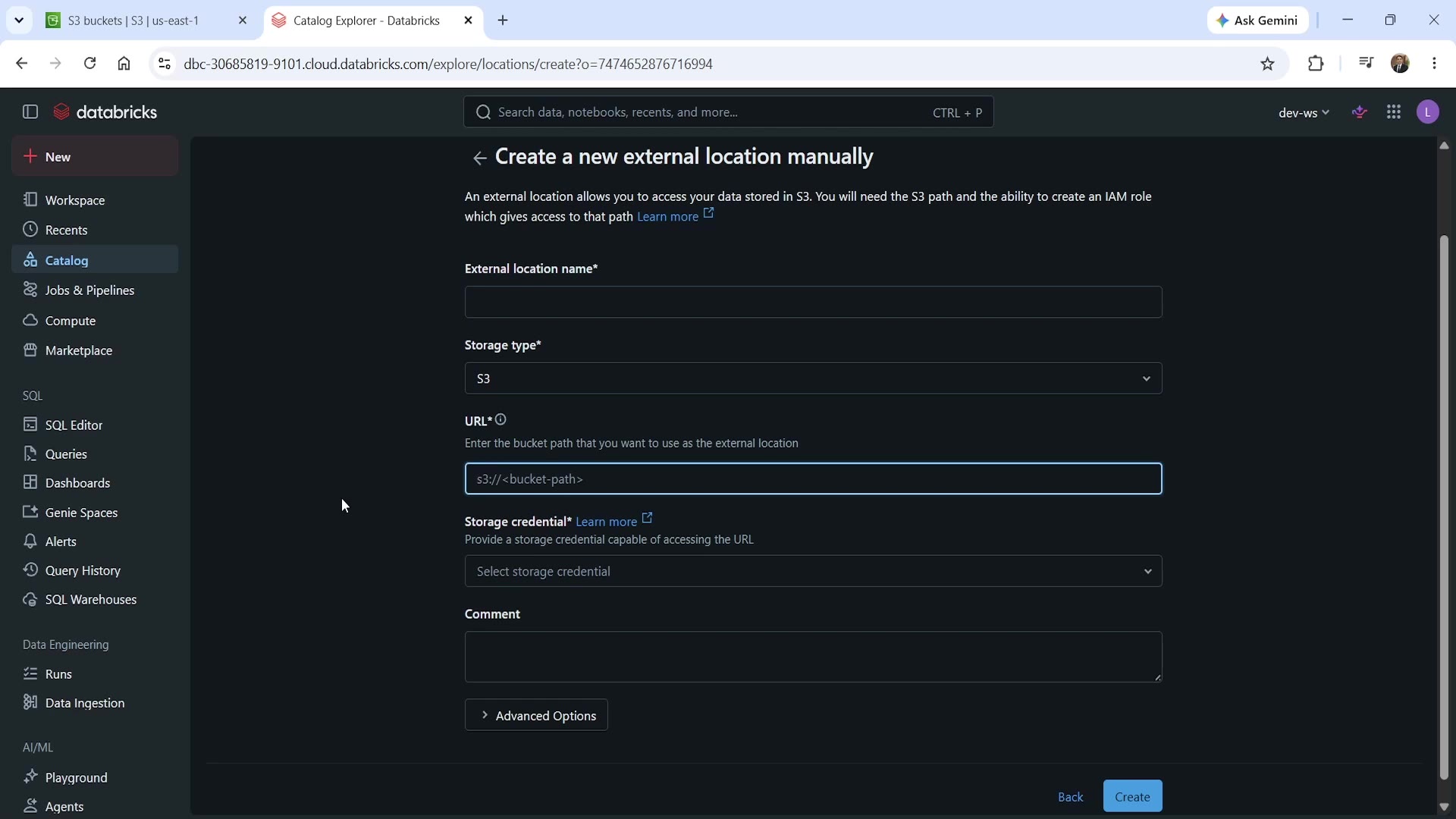 Create external location form