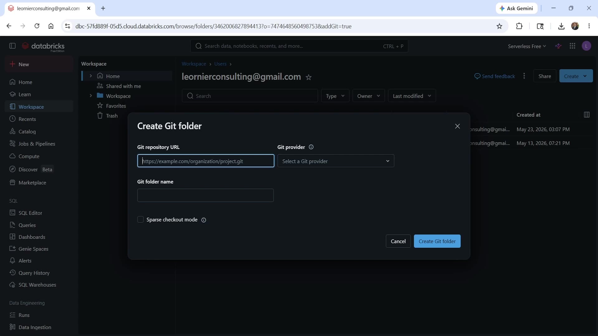 Create Git folder dialog