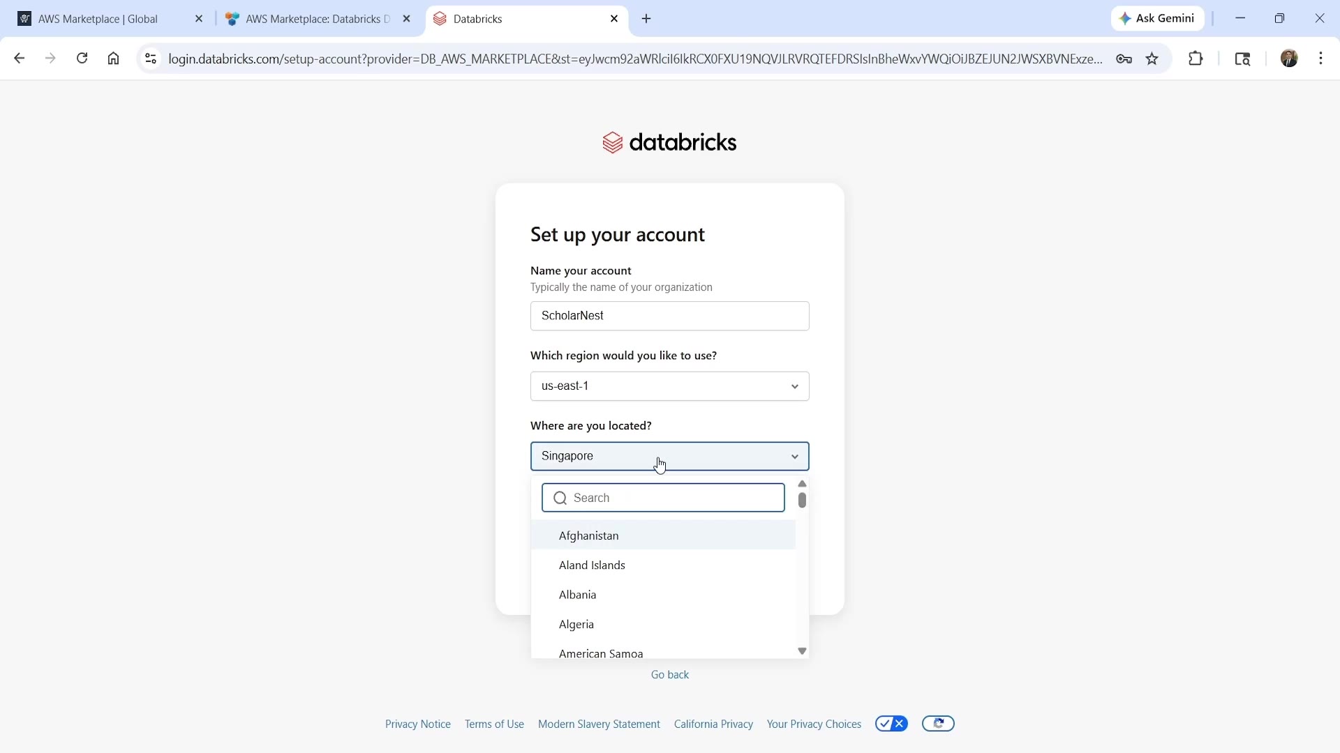 Databricks account setup — matching your AWS region
