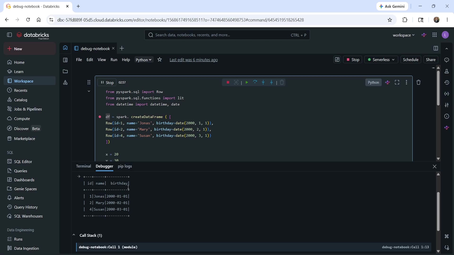 Debug console showing df.show() output