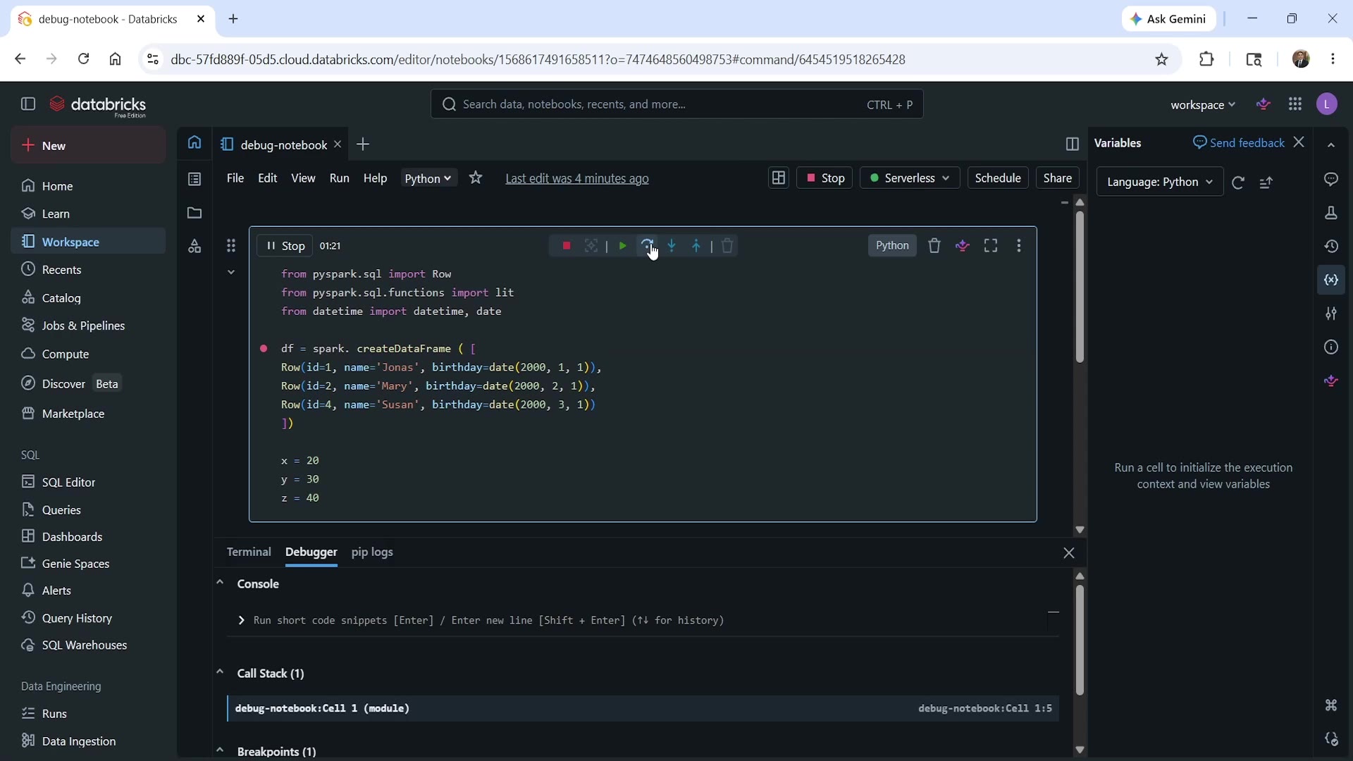 Debugger layout with breakpoint set
