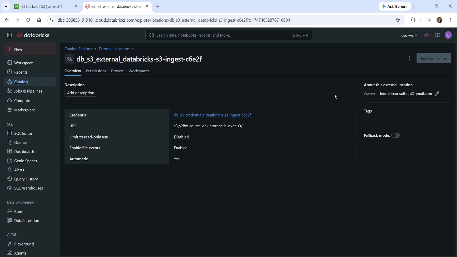 External location — created and linked to its credential