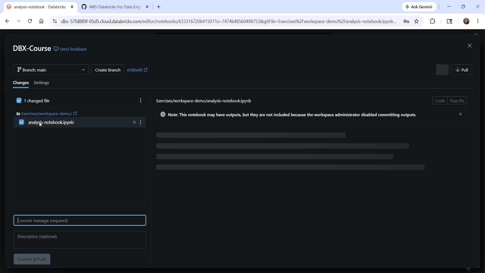 Commit and push interface with file diff