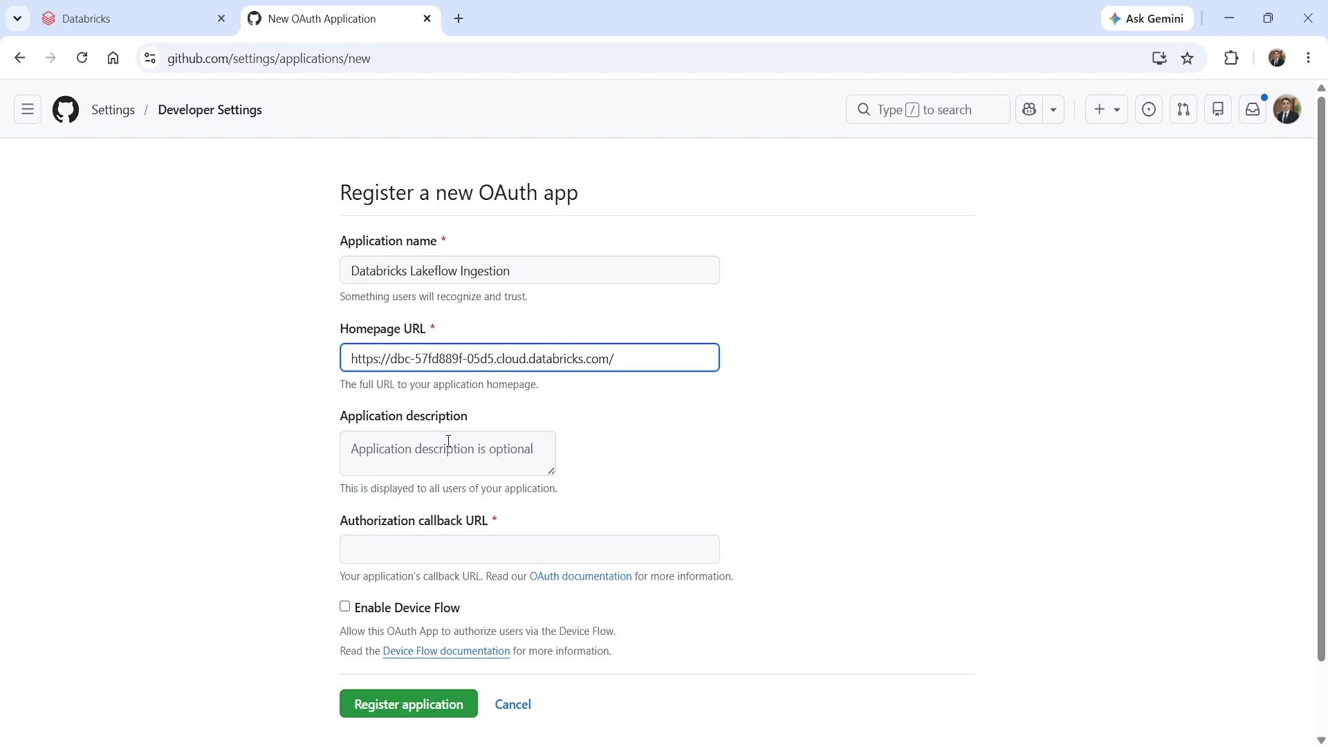 GitHub OAuth app registration form