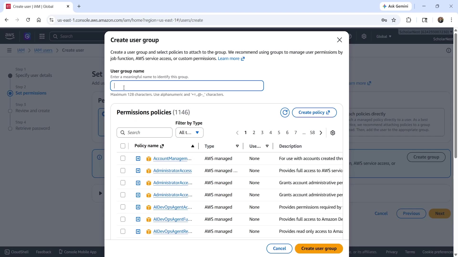 Create user group with permissions