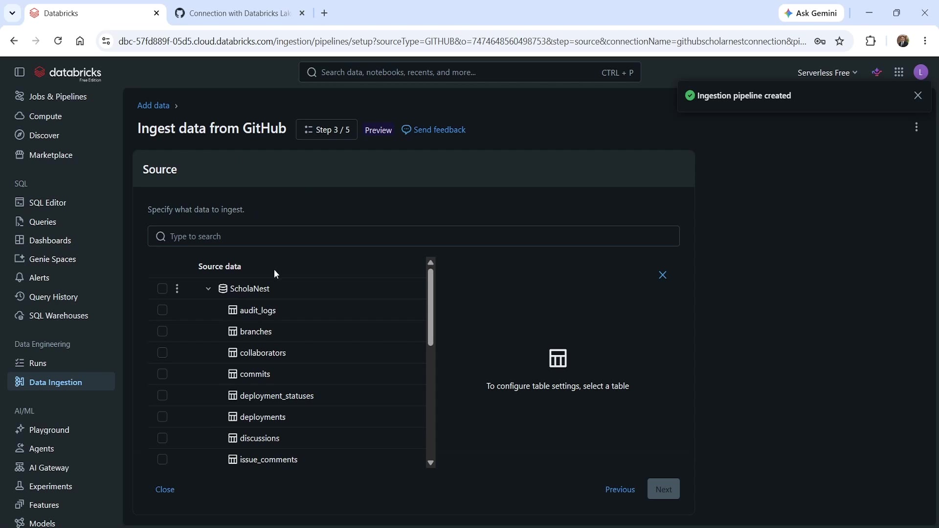 Source selection — available GitHub tables