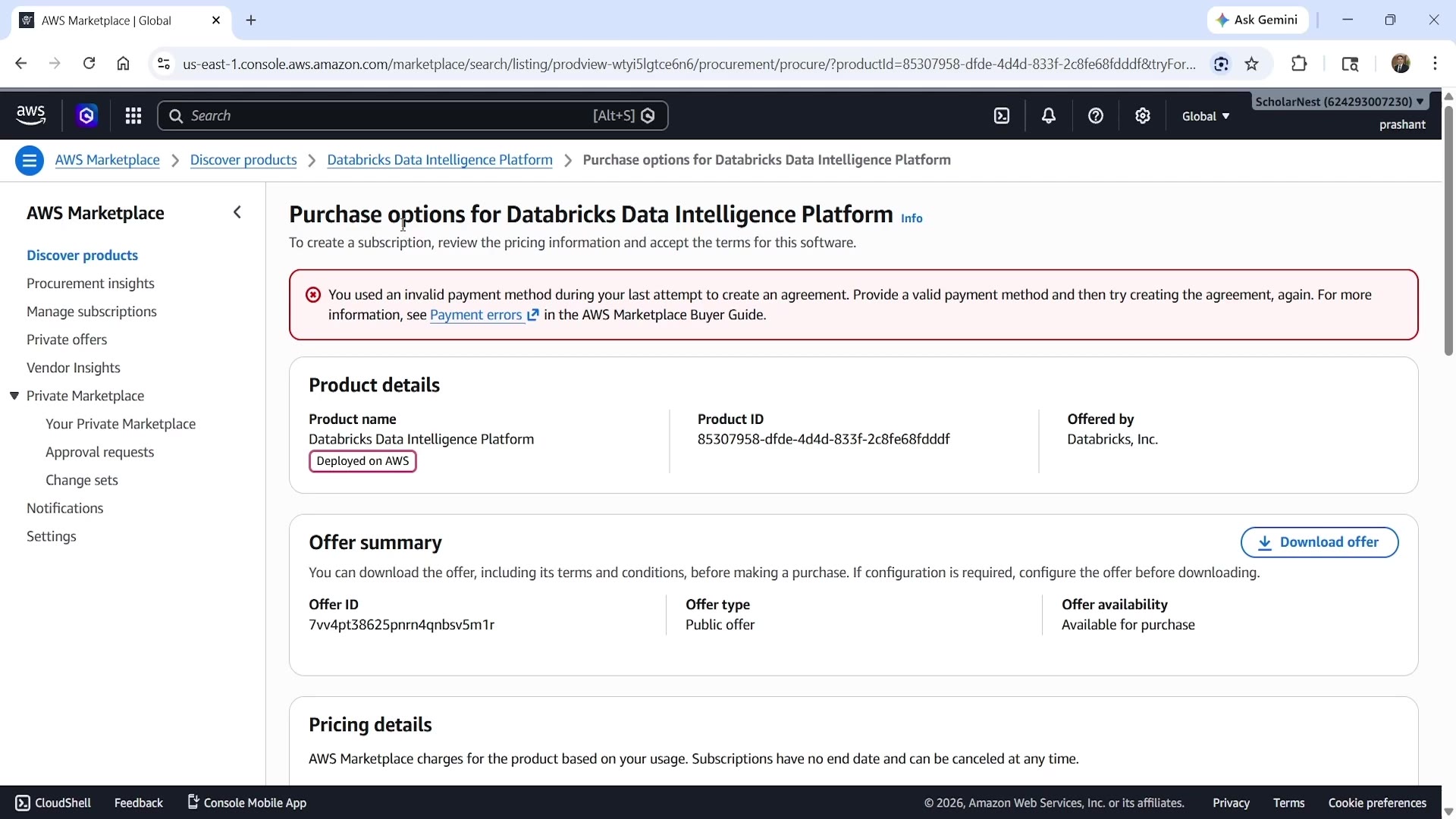 AWS Marketplace invalid payment method error