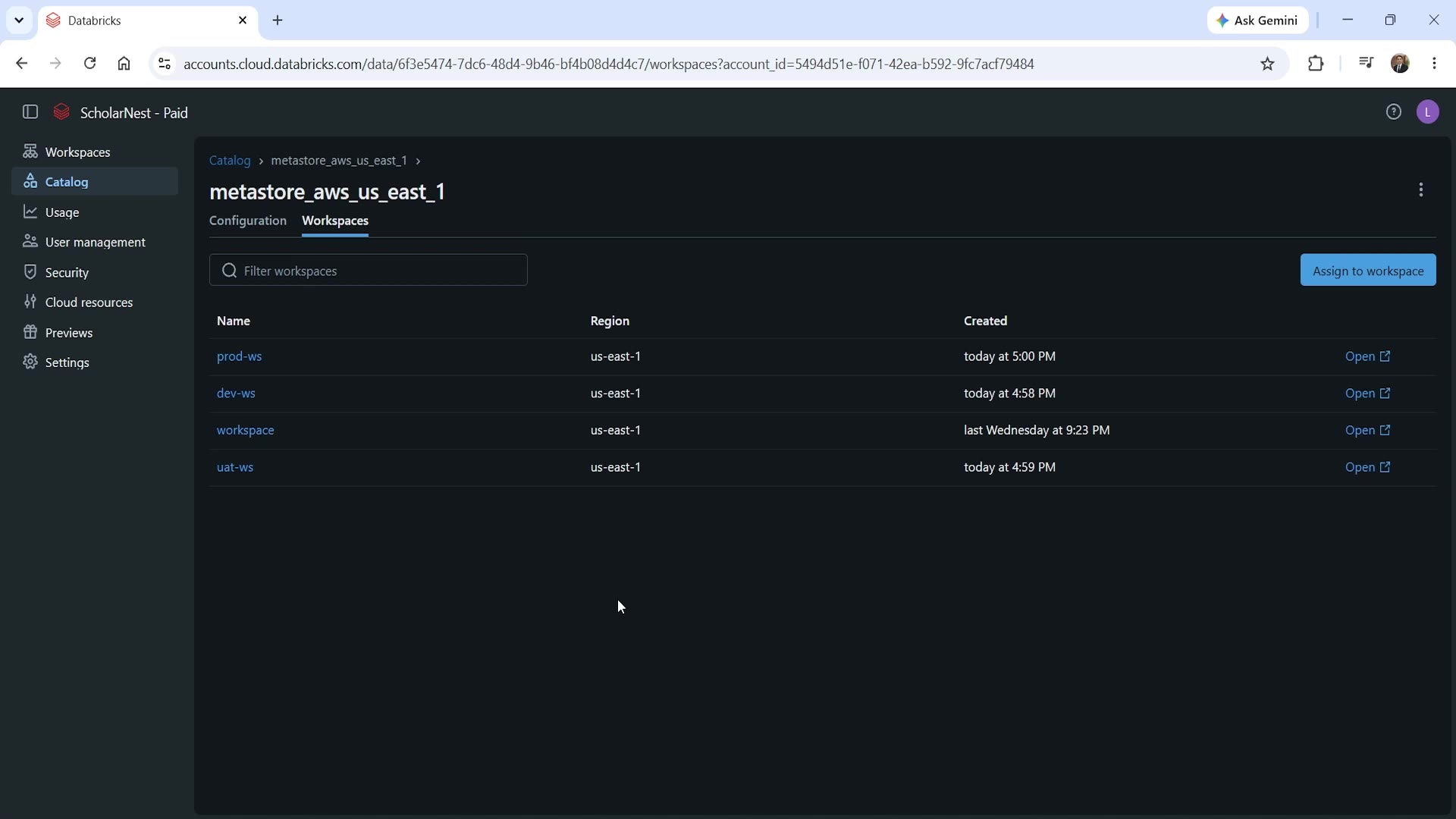 Metastore's Workspaces tab, showing all connected workspaces