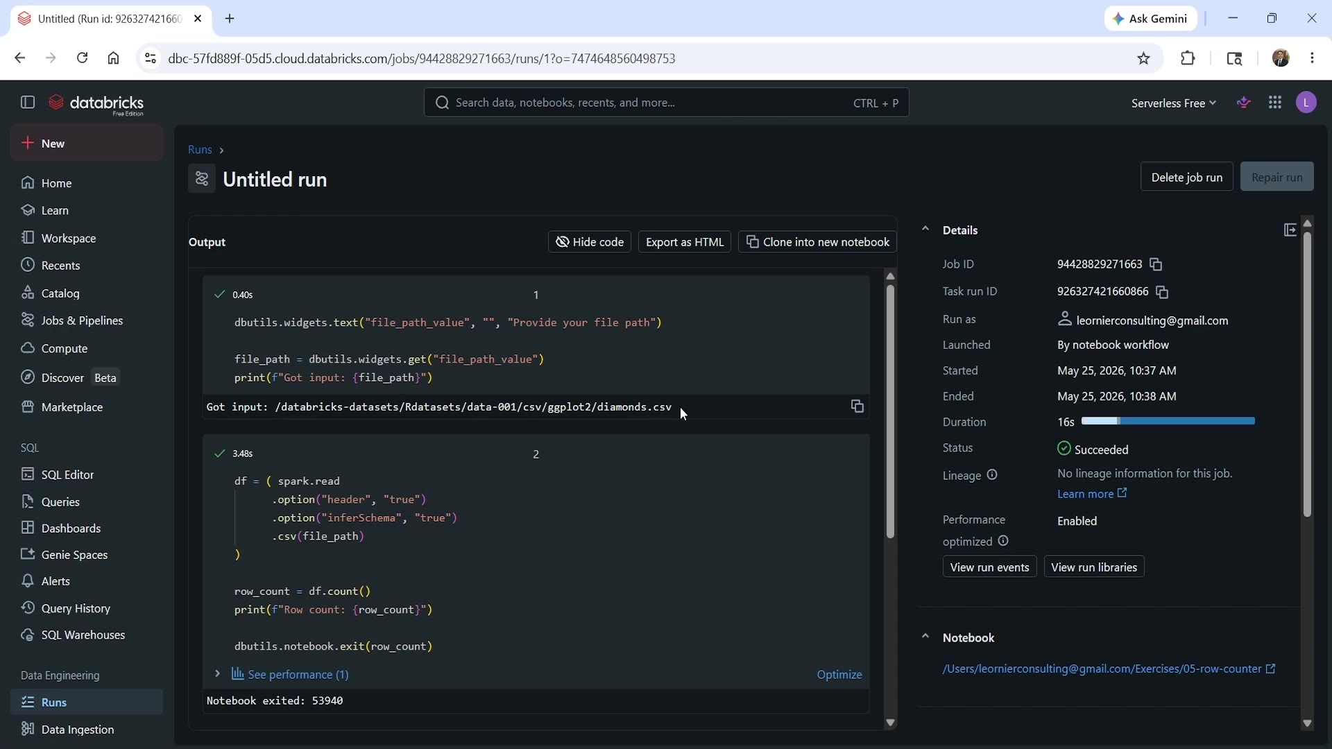 Notebook run workflow detail page