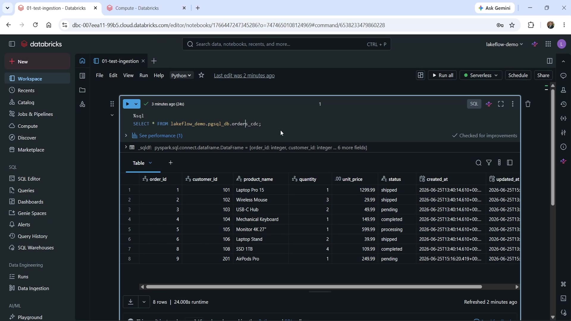 Query-based ingestion result — orders_cdc table