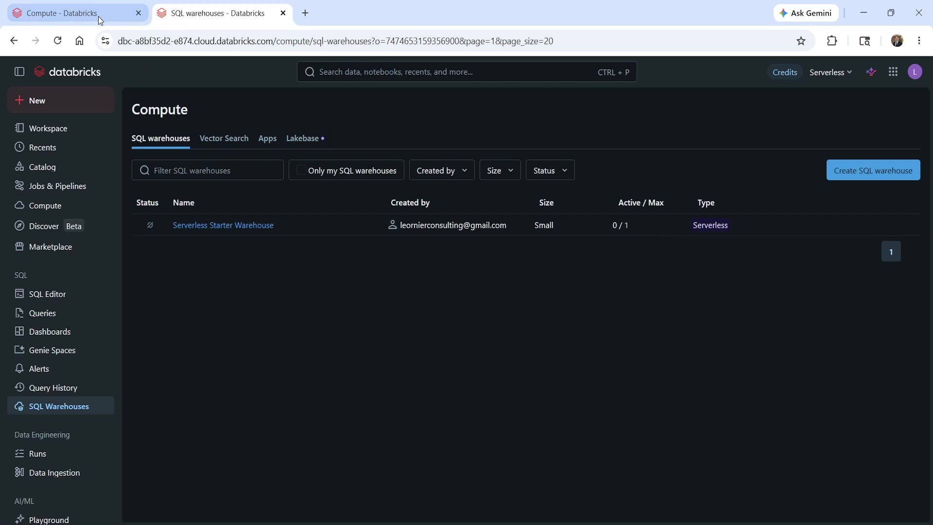 Serverless workspace Compute menu