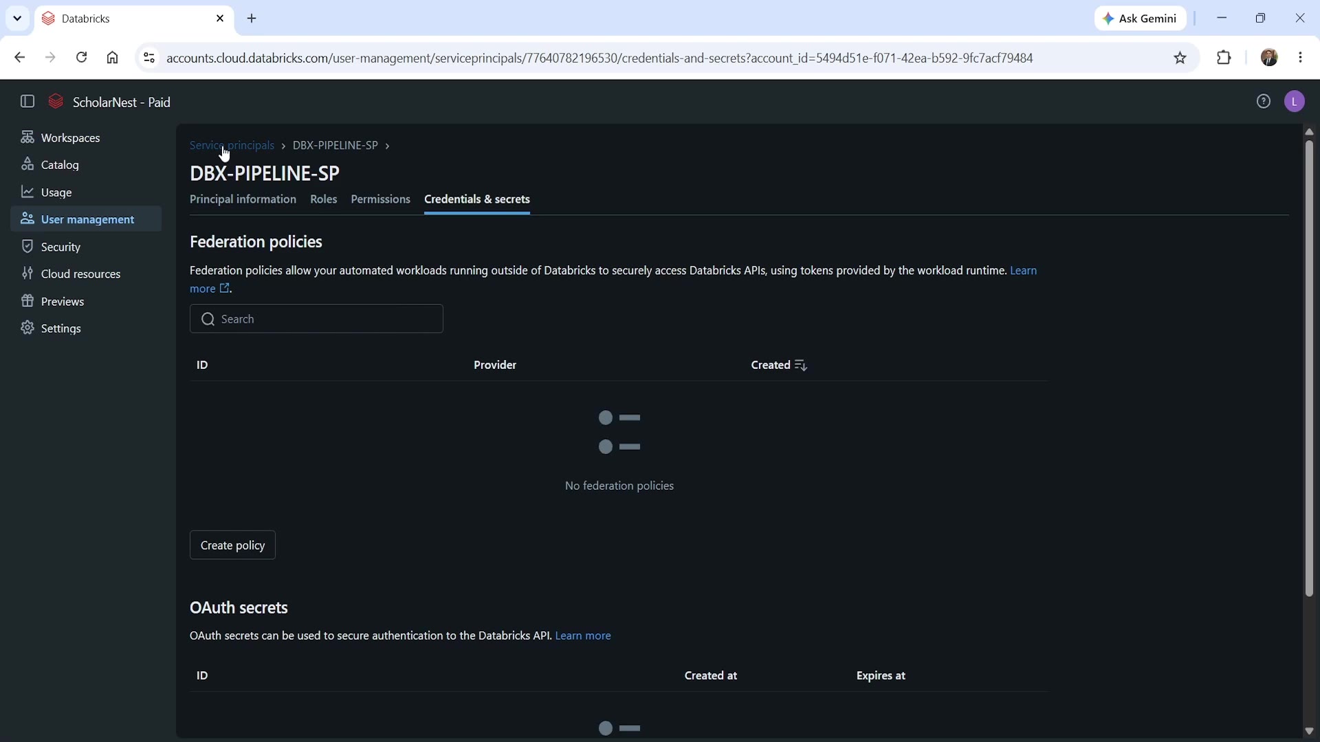 Service principal — Credentials & secrets tab