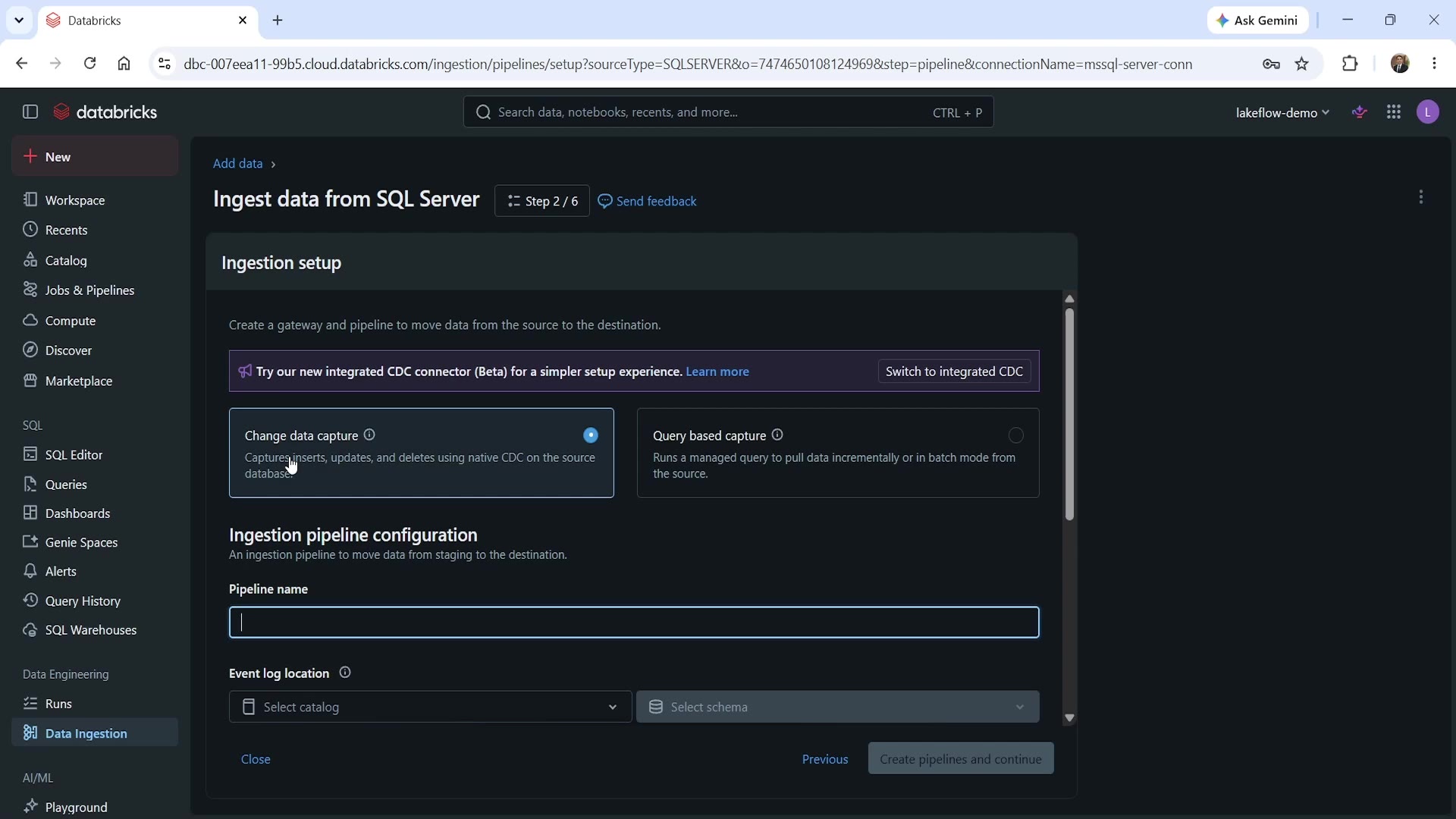 SQL Server CDC mode — 6-step wizard