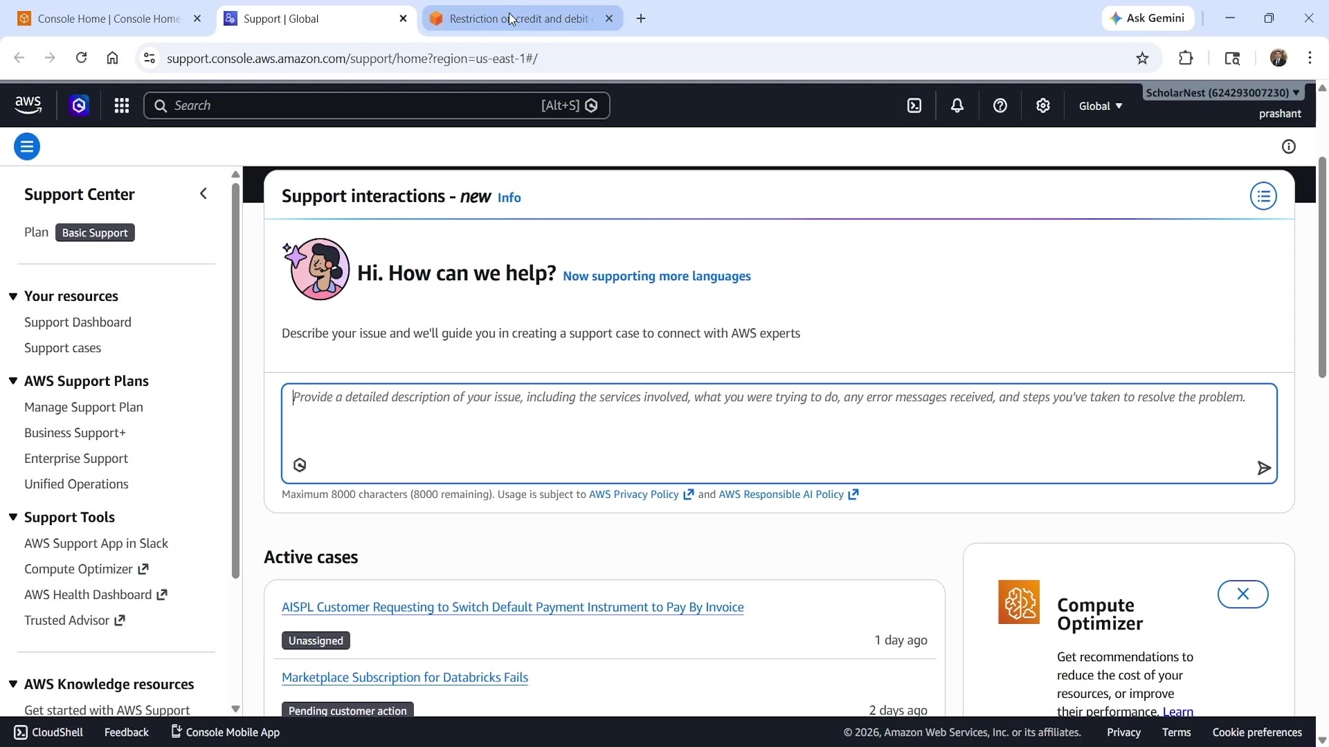 AWS Support Center — active cases