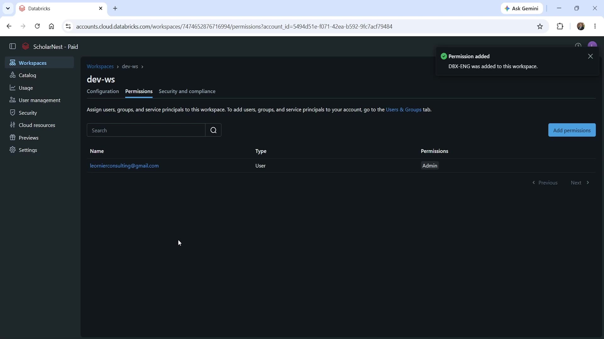 Workspace permissions — group added confirmation